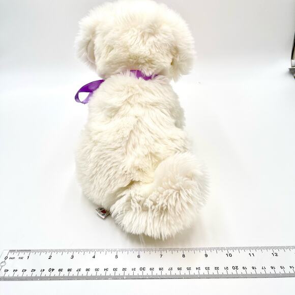 Aurora World White Fluffy Dog Plush Sitting Freckles Pink Tongue Purple Ribbon - Picture 5 of 10